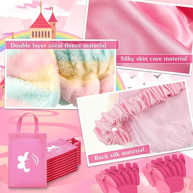 Bonuci 50 Pcs Spa Party Supplies for Girls, 10 Satin Robe 10 Kids Slippers Sleepover Birthday Spa Party Favors