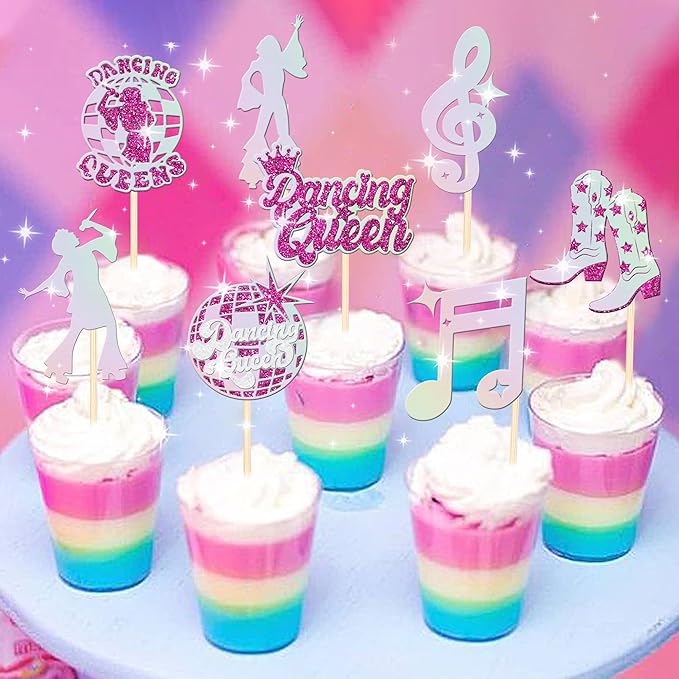 24 PCS Dancing Queen Cupcake Toppers Glitter Music Note Singer Dancer Cupcake Picks Vintage 70s Disco Dancing Cake Decorations for Disco Ball Music Theme Wedding Birthday Party Supplies Rose Red