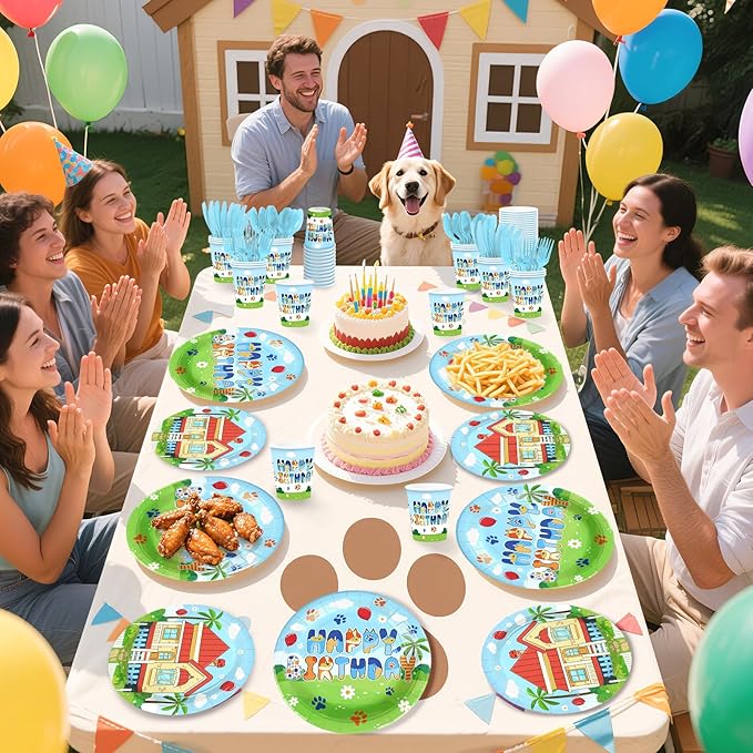 168 Pcs Blue Dog Birthday Party Decorations Blue Birthday Girl Plates and Napkins Dog Tableware Set for Spring Boys Girls themed Birthdays Baby Shower Party Supplies, Serves 24