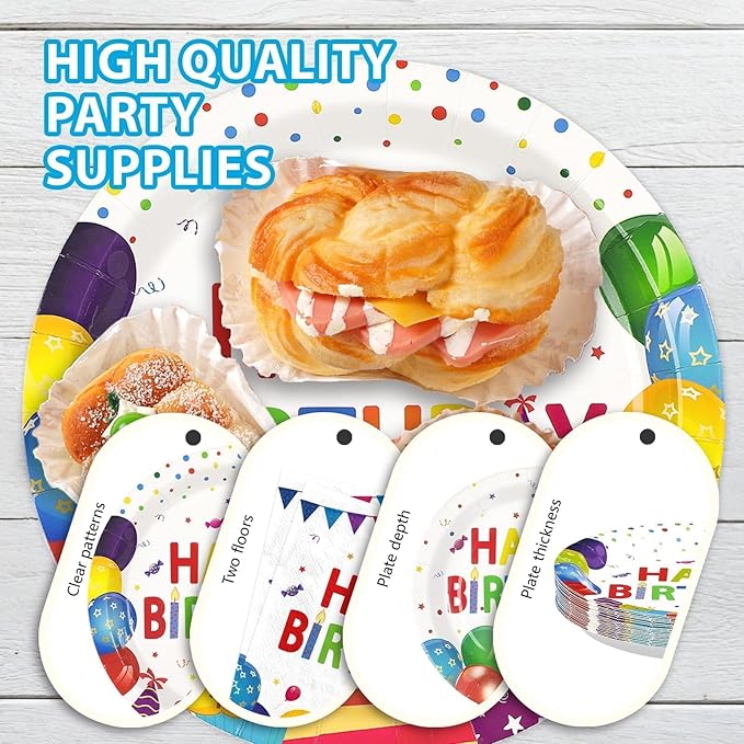 96Pcs Happy Birthday Decorations Colorful Dots Happy Birthday Plates and Napkins Disposable Rainbow Multicolor Decorations Tableware Set for Kids Boys Girls Birthday Party Supplies Serves 24