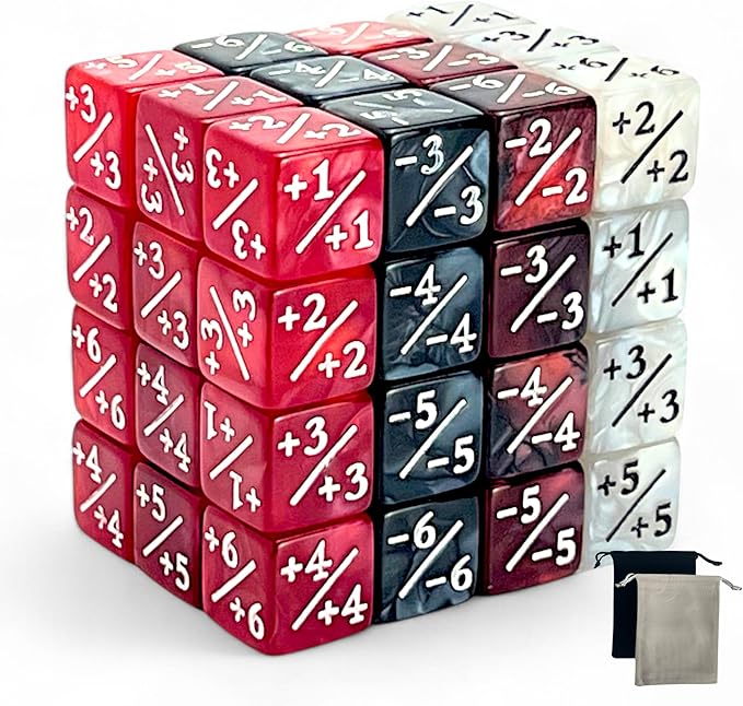 Luck Lab MTG Magic Life Counter Dice, 48 PCS - Compatible w/Magic Card Game Accessories, CCG Creature Stats w/ 2 Dice Bags (Red Pearl, Red Swirl, White Pearl, Black Pearl), 16 mm