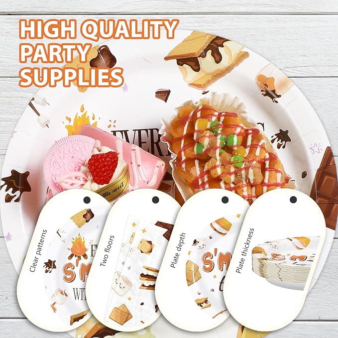 96Pcs S'mores Camping Baby Shower Decorations Everything is S’More Fun with a Baby Plates and Napkins Camping Theme Tableware Set for S’more to Love Kid Camper Campfire Bonfire Party Supplies Serves24