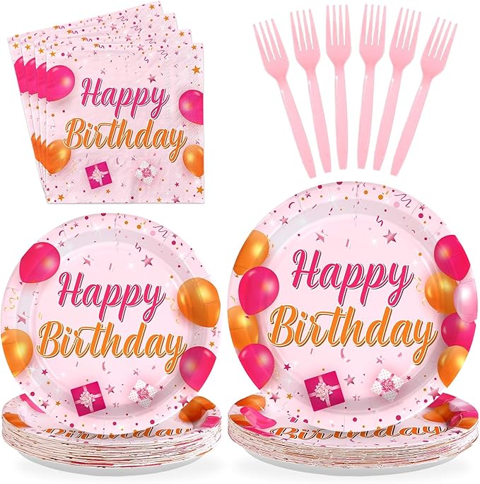 96Pcs Pink and Orange Birthday Party Decorations Pink and Orange Plates and Napkins Disposable Tableware Sets for Sunset Theme Birthday Party Decorations Serves 24
