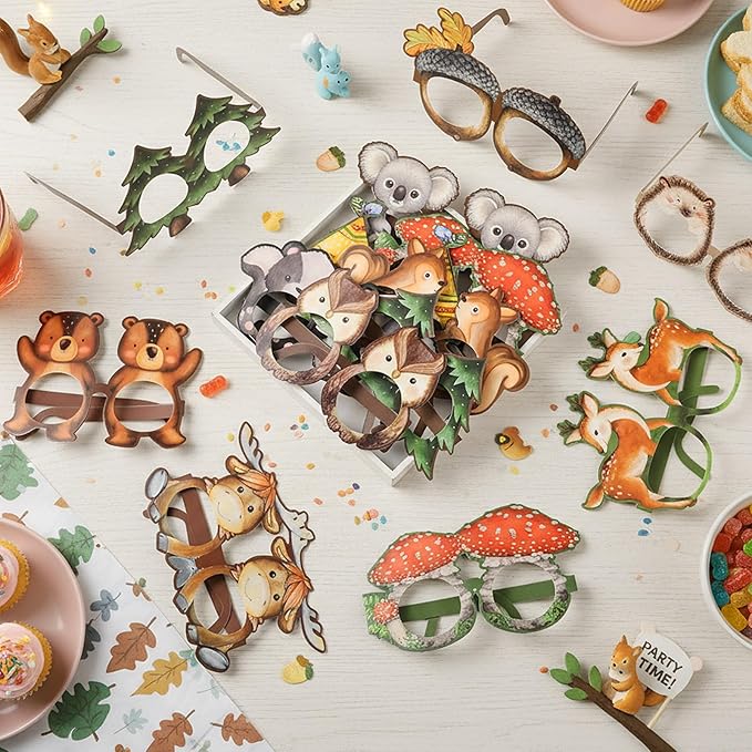 Pajean 32 Pcs Woodland Animal Decorations Eyeglasses Wild One Camping Forest Theme Photo Booth Props Paper Glasses for Woodland Creatures Birthday Baby Shower Camping Party Decor Favors Supplies