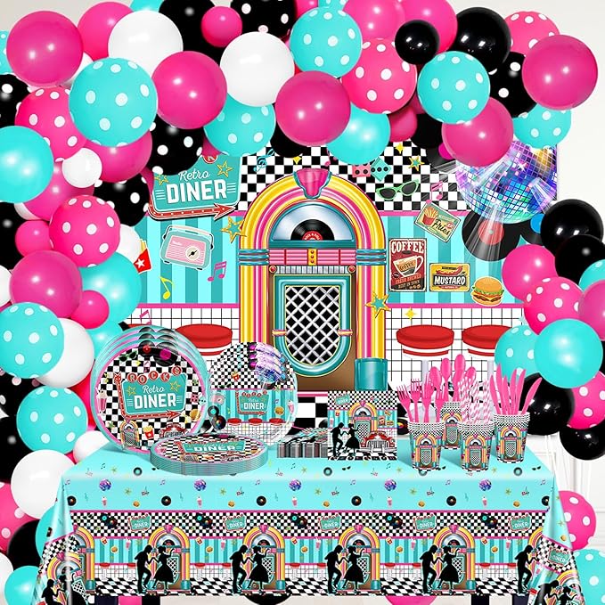 50s Party Decorations 280 PCS 1950s Retro Diner Decorations Sock Hop Backdrop Balloons Plates Napkins Cups Tablecloth Grease Music Party Supplies Serve 24
