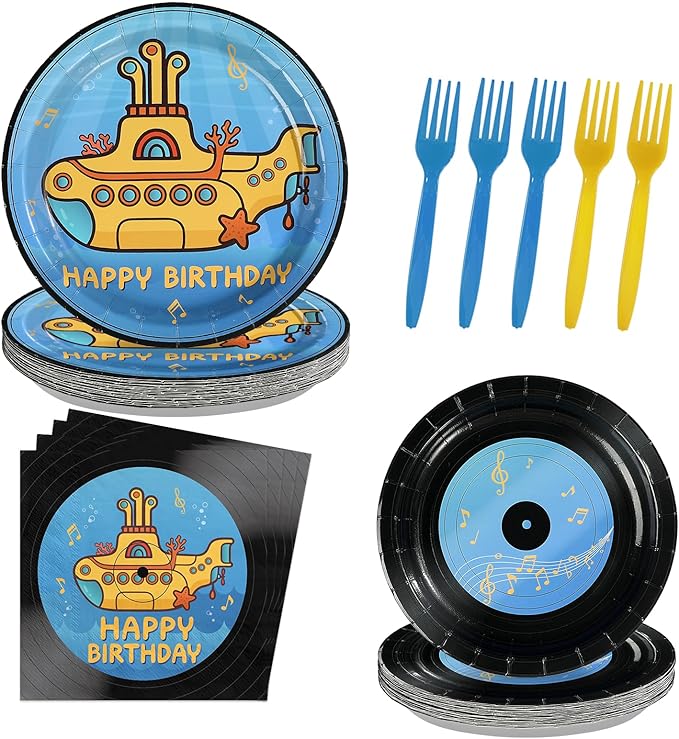 96 Pcs Submarine Theme Party Supplies Happy Birthday Plates and Napkins Retro Record Tableware Set for Boys Girls Adults Birthday Baby Shower Music Party Supplies, Serves 24
