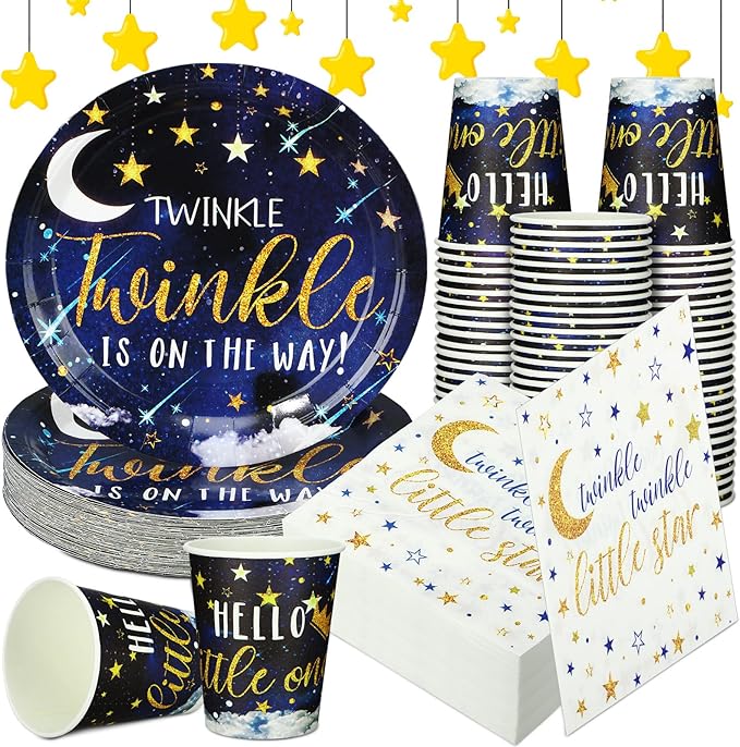 200 Pcs Twinkle Twinkle Little Star Baby Shower Paper Plates Napkins Cups Baby Shower Party Supplies Tableware Set Navy Blue Disposable Cup Napkin for 50 Guest Girls Spring Party Decoration