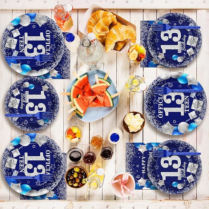 gisgfim 96 PCS 13th Birthday Party Supplies 13th Birthday Plates and Napkins Official Teen 13th Tableware Blue and Silver Dinnerware Set 13 Years Old Party Decorations Favors for Boys Girls Serve 24