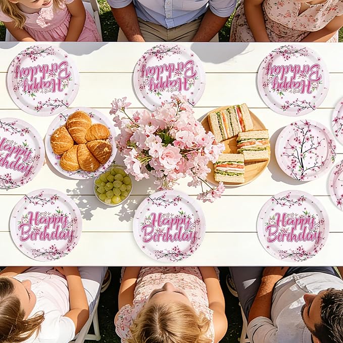 96 Pcs Cherry Blossom Birthday Party Decorations Disposable Japanese Sakura Themed Party Paper Plates and Napkins Pink Flowers Tableware Set for Birthday Baby Shower Wedding Bridal Supplies
