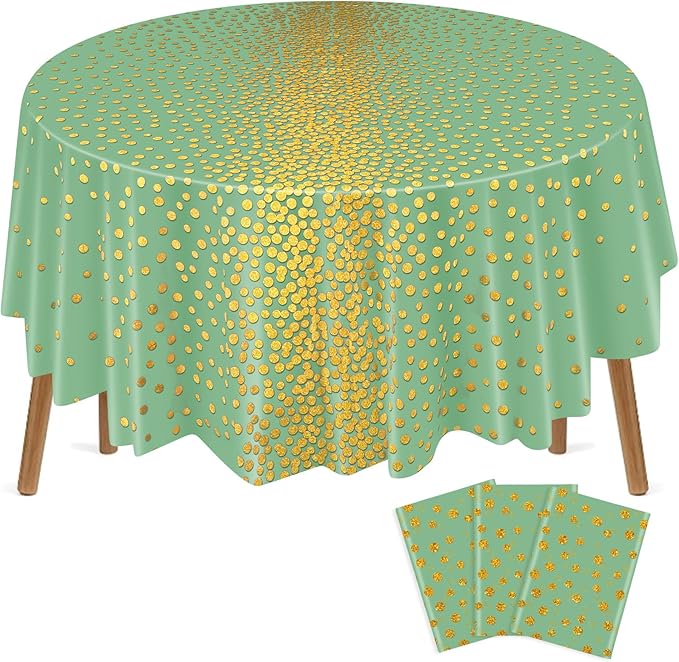 VitalCozy Round Dot Tablecloth 84 Inch Plastic Table Cover Polka Dot Confetti Tablecloths for Easter 2026 Graduation Prom Wedding Birthday Spring Party Supplies(Sage Green and Gold,3 Pcs)