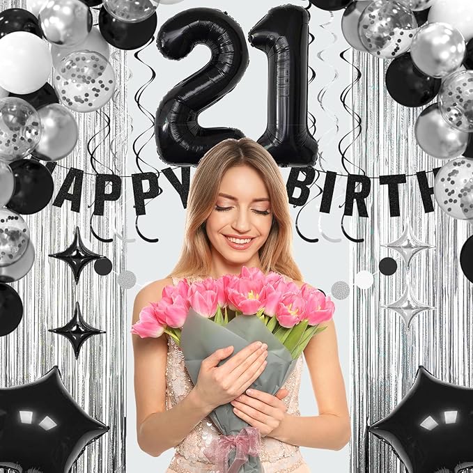 21st Birthday Decorations for Boys Girls, Happy Birthday Decorations for Her Him,21 Black and Silvery Party Kit Supplies