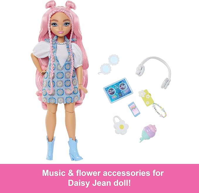 Barbie Dream Besties Doll and Accessories, Daisy Jean Posable Fashion Doll with Removable Fashions & Wavy Pink Hair, 9 DJ & Music Themed Pieces