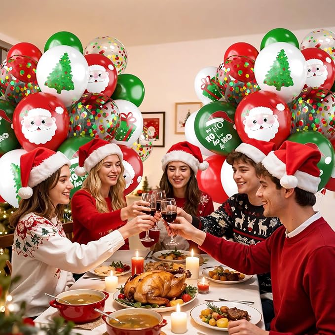 Merry Christmas Party Balloons,12 Inch Xmas Style Red Green White Print Balloons for Christmas Theme Party Supplies