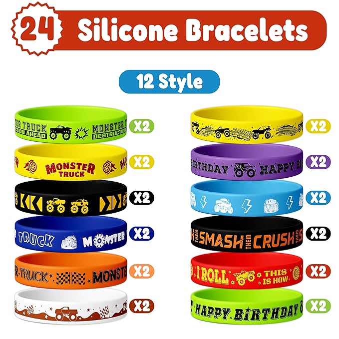 72PCS Monster Truck Party Favors for Kids - 48 Pre-Cut Temporary Tattoos & 24 Silicone Bracelets - Birthday Party Supplies, Goodie Bag Fillers, Carnival Prizes, Classroom Rewards for Boys & Girls