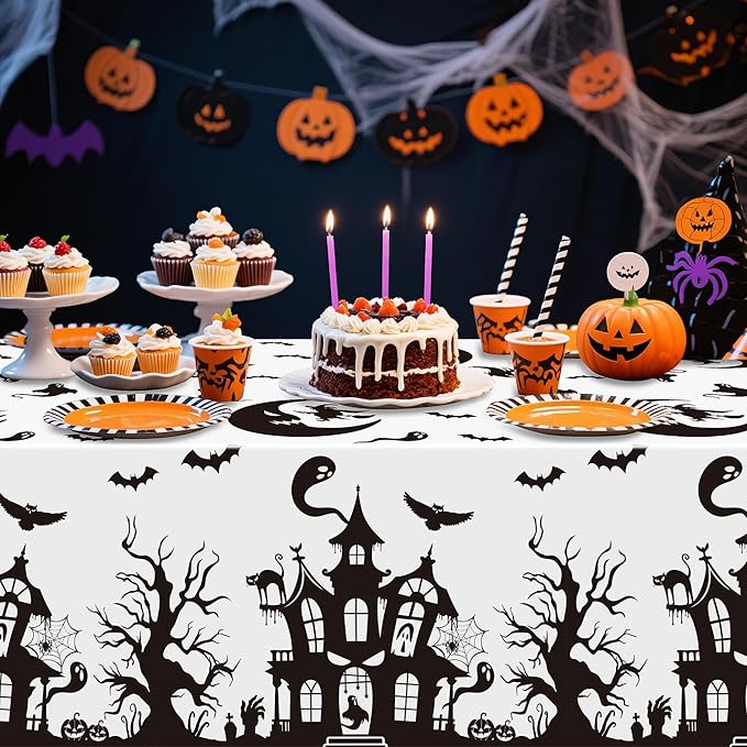 Halloween Haunted House Tablecover - 3 Pack 86 * 51inch Disposable Waterproof Rectangle Plastic Covers, Creepy Gothic Print for Halloween Parties, Kids’ Birthdays, Picnics & Camping Decor