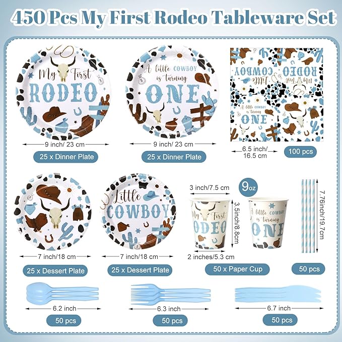 450 Pcs My First Rodeo Birthday Tableware Set Decorations Western Cowboy 1st Rodeo Paper Plates Disposable Napkins Cups Cutlery Straws for Boy Baby Shower Party Supplies, Serves 50