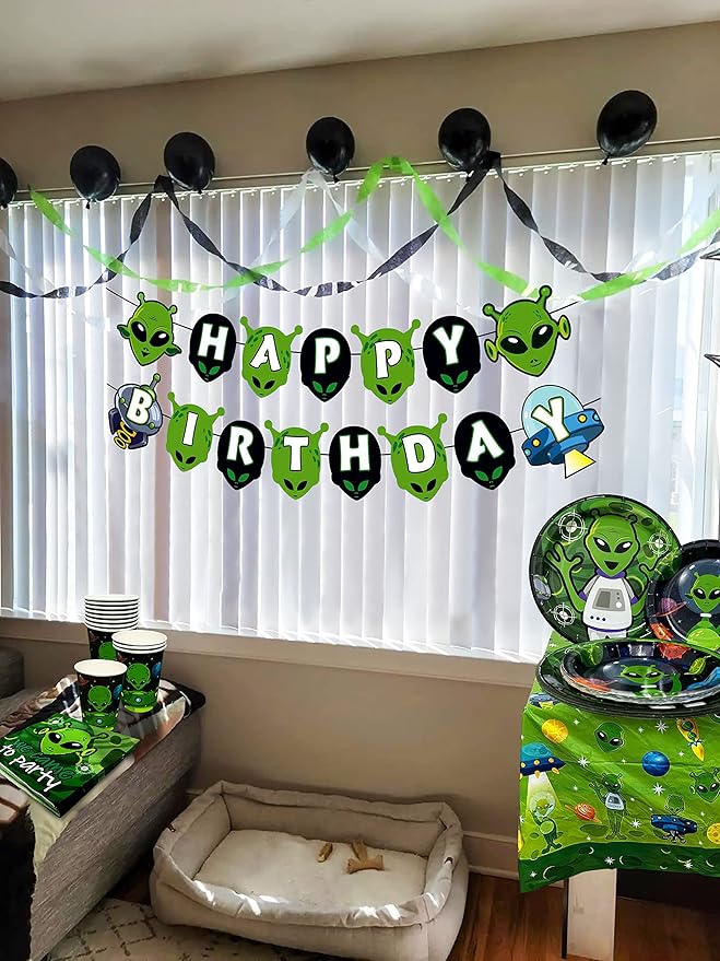 LaVenty Alien Theme Birthday Decoration Alien Prop Outer Space Party Decorations Alien Banner UFO Theme Birthday Party Supplies
