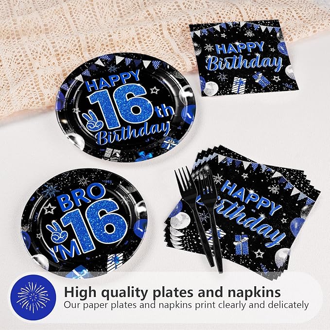 Grencian 96Pcs 16th Birthday Party Decorations for Boys Blue and Black 16th Birthday Plates Disposable Official Teen 16 Tableware for Teen Boys I’m 16 Bro 16 Years Old Party Supplies Serves 24
