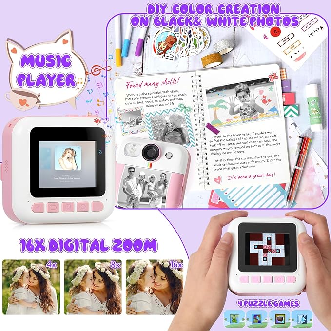 Photomaker Kit Kids 1080P Instant Print Camera for Kid 93 Pcs DIY Journal Kit for Girls Kids Camera Instant Print with 3 Roller Photo Paper Ideas Birthday Gifts and Toys for Girls Boys Age 6-14 Pink
