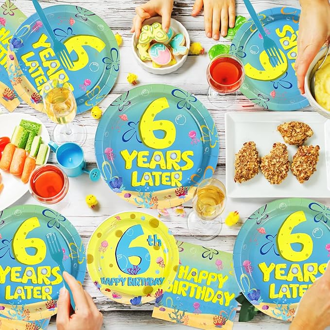 96Pcs Yellow Cartoon Party Supplies 6th Birthday Plates and Napkins Blue Yellow Ocean Disposable Paper Tableware for adults Underwater Birthday Party Supplies Serves 24
