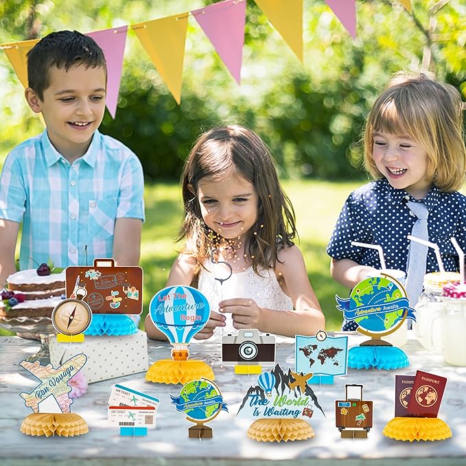 OSNIE 12Pcs Travel Themed Honeycomb Centerpieces Table Toppers Adventure Awaits Party Decor Travel Around The World Bon Voyage Table Decor Photo Props for Let The Adventure Begin Going Away Party