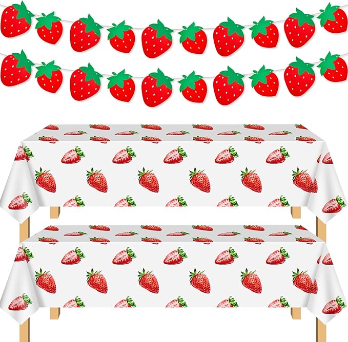 Flutesan 4 Packs Strawberry Party Decorations Strawberry Tablecloth and Banner Set 2 Table Covers, 86 x 51 Inch, 2 Hanging Banners for Birthday Summer Fruit Theme Baby Shower Party Supplies