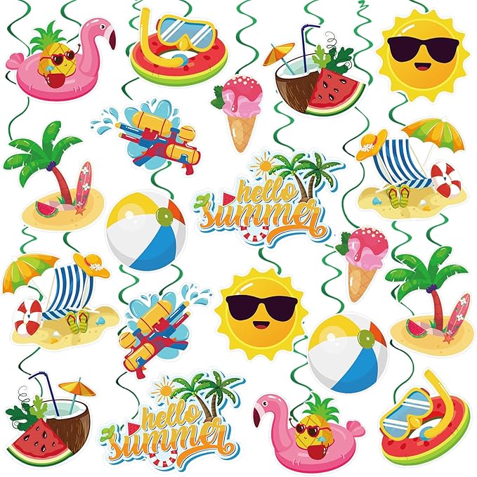 40Pcs Summer Hanging Swirls, Hello Summer Pool Beach Hanging Swirls Summer Hanging Decorations Streamers Foil Ceiling Swirls for Summer Hawaiian Luau Birthday Party Baby Shower Decor