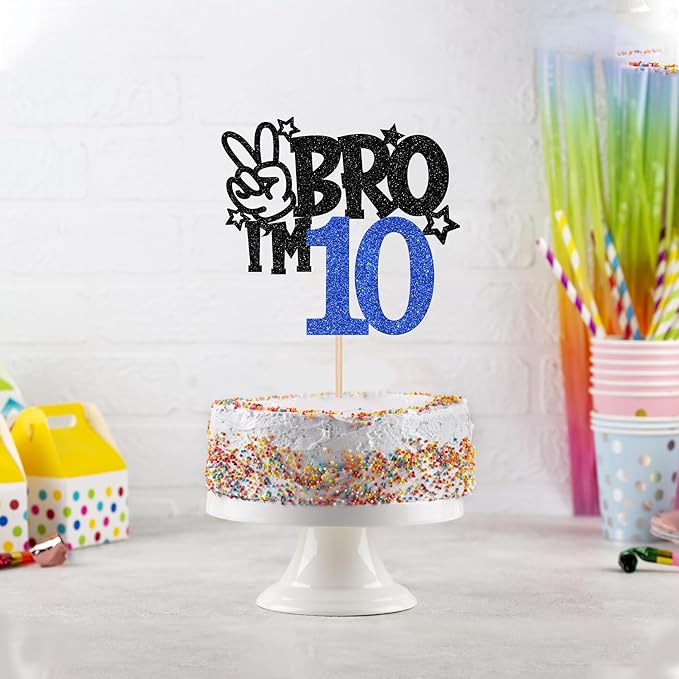 1 PCS Brother I'm 10 Cake Topper Glitter Star Happy 10th Birthday Cake Pick Bro I'm 10 Cake Decoration It's My 10th Birthday Decorations for Boys Cheers to 10 Years Old Birthday Party Supplies Blue