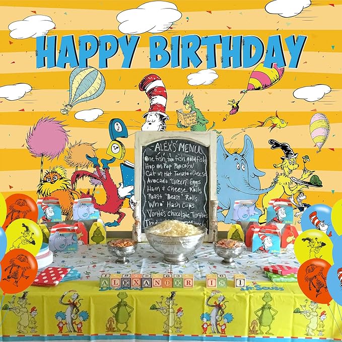 Seuss Cat Birthday Party Decoration,Photo Background 5 x 3 FT, 18 Pcs Balloons,Dr Cat Merch Party Backdrop Supplies