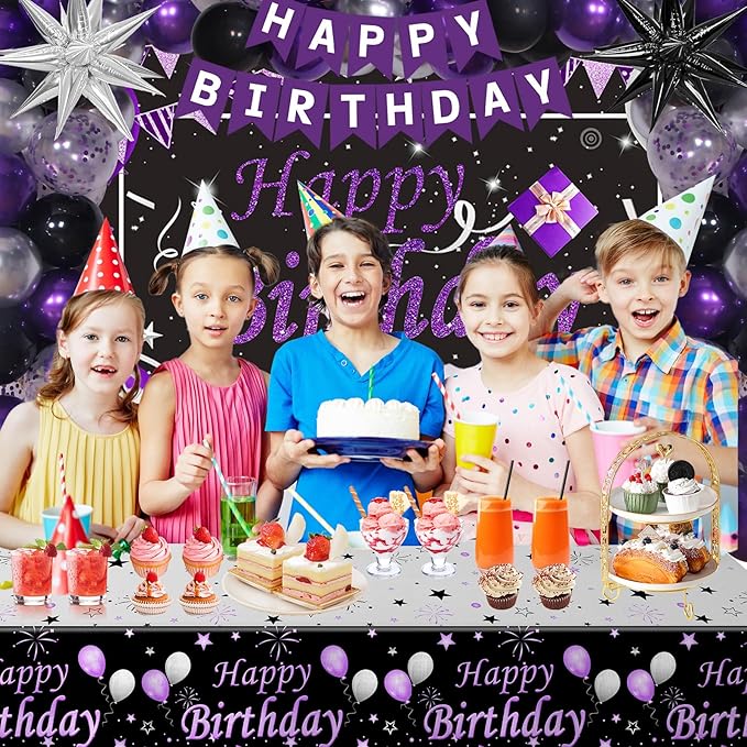 Black Purple Birthday Decorations for Women Girls Men, Purple and Silver Party Decorations Happy Birthday Backdrop Banner Confetti Star Silver Black Balloons Arch Tablecloth Party Supplies