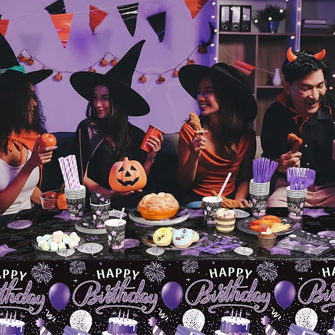 Norme 176 Pcs Purple and Black Birthday Tableware Set Birthday Decoration Includes Tablecloth Paper Plates Napkins Paper Cups Forks Knifes and Straws for 25 Guests Party Supplies (Modern)