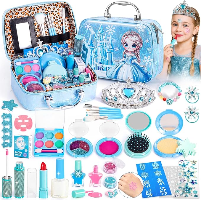 Kids Makeup Set for Girls Toys, 34Pcs Washable Princess Make Up Kit w/ Dress Up Accessories, Christmas Birthday Princess Gifts Toys for Girls Kids Toddlers Age 3 4 5 6 7 8 9 10 11 12