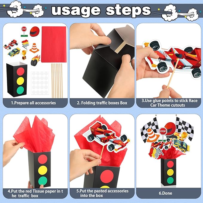 6 Sets Race Car Birthday Party Decorations Race Car Centerpieces for Tables with Traffic Boxes Themed Baby Shower Decoration Cutouts Checkered Flags for Birthday Theme Party Supplies