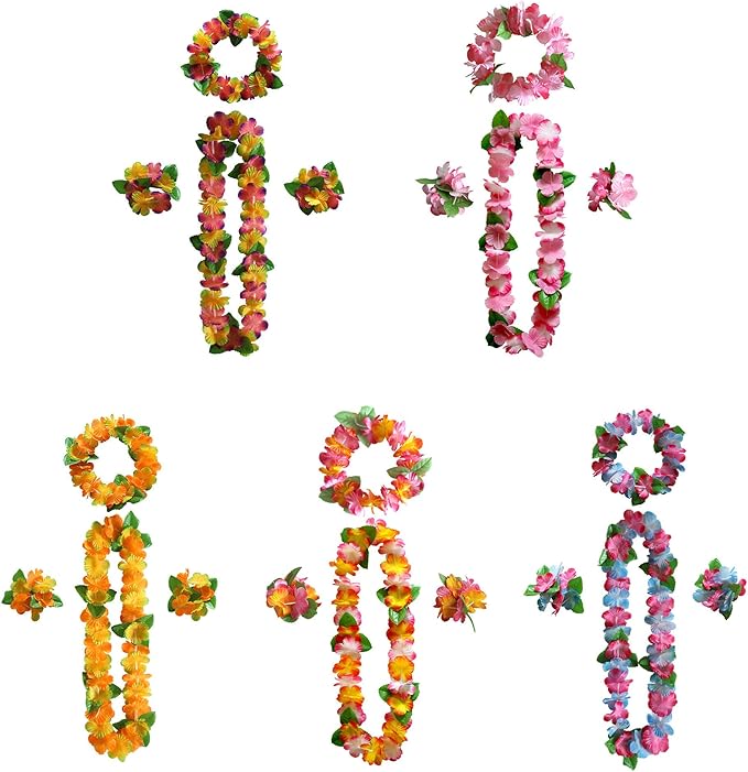 40 PCS Hawaiian Luau Leis,Tropical Luau Party Supplies of Hula Garland Necklaces Bracelets Headband Jumbo Simulated Silk Flowers for Hawaii Decorations, Beach Theme Party Decorations