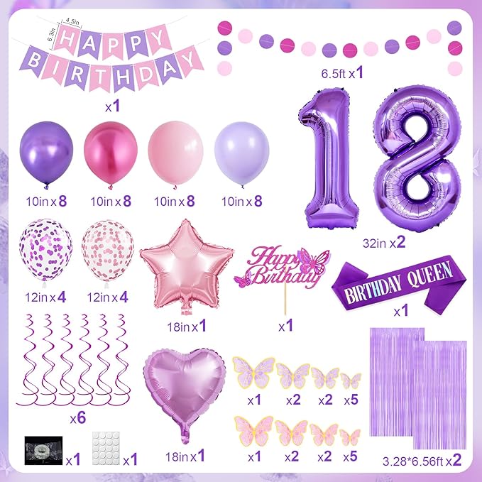 18th Purple Birthday Decorations for Girls, Pink and Purple Happy 18 Birthday Party Decorations with Happy Birthday Banner, Number Foil Balloons, Butterfly Cake Topper for 18th Party Supplies