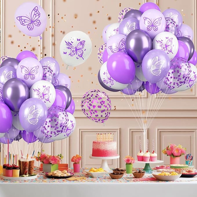 Purple and White Latex Balloons - 12 Inch Butterfly Print for Girls, Women, Baby Shower, Birthday Party, Graduation Decorations