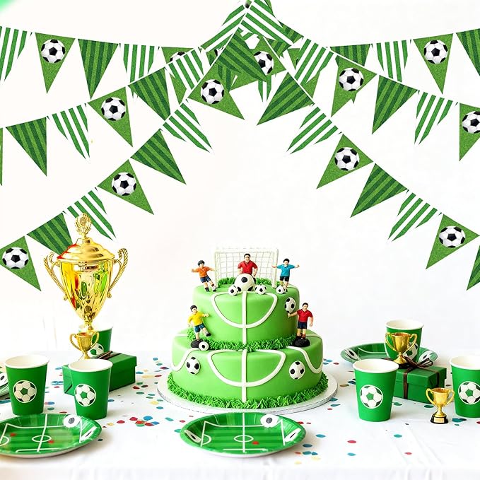 Faccito 5 Pack Green Soccer Banners Soccer Party Decorations Sports Champion Paper Pennants Green Hanging Triangle Flags Garland Bunting for Sports Game Fans Outdoor Indoor Birthday Party Supplies