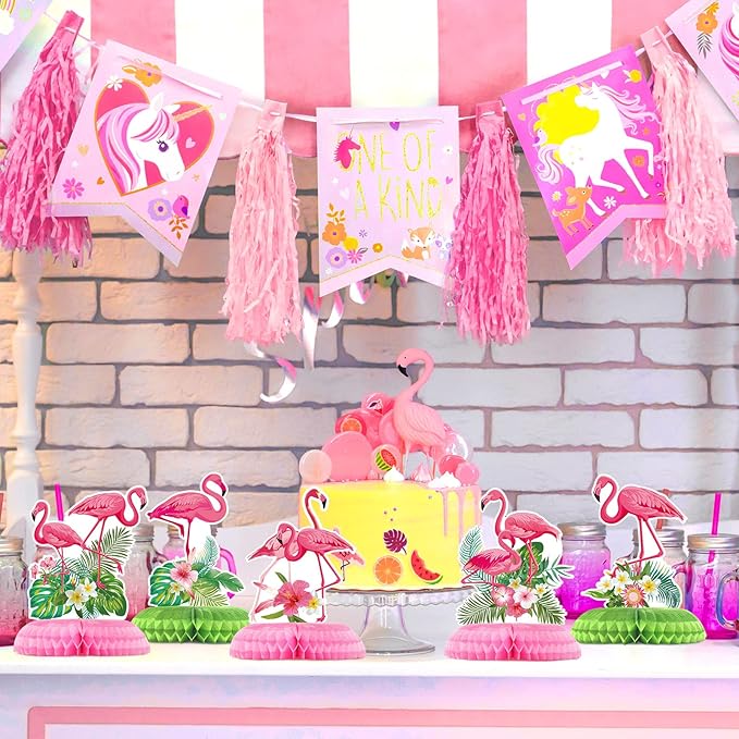 Funtery 9 Pcs Flamingo Centerpieces for Tables Hawaii Luau Honeycomb Centerpieces Flamingo Party Decorations Tropical Aloha Party Table Topper for Kid Birthday Party Supplies Table Decoration