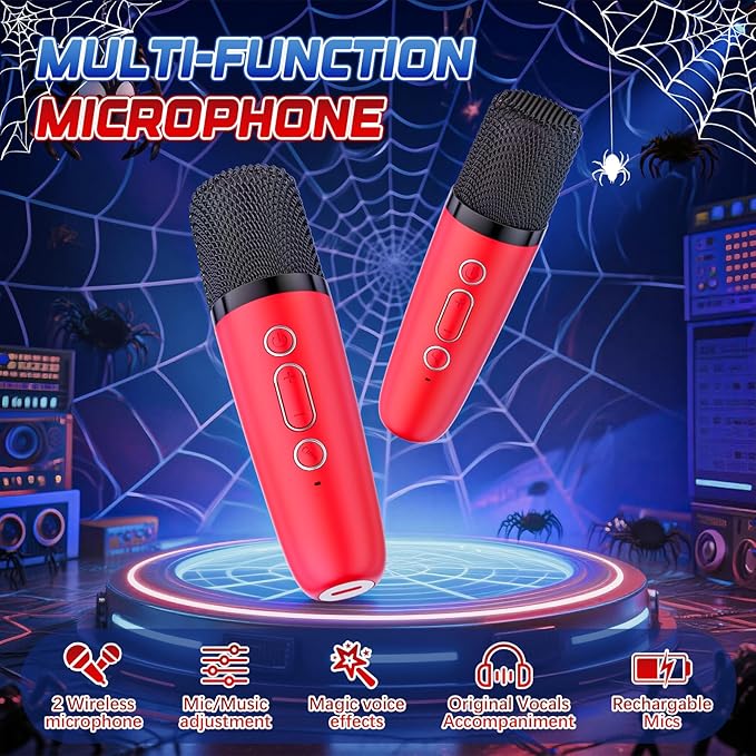 Spider Mini Karaoke Machine for Kids - TOP Karaoke Toys for 3 4 5 6 7 8 9 10 11 12+ Year Old Boys Girls, Portable Bluetooth Speaker with 2 Wireless Microphones, Kids Christmas Birthday Party Gifts