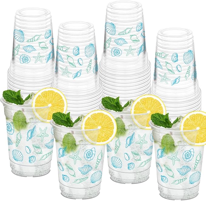 50Pcs Seashell Party Cups, 12oz Ocean Theme Plastic Cups for Wedding Decorations Ocean Under the Sea Summer Birthday Beach Party Supplies