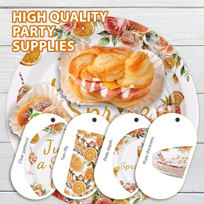 96 Pcs Spritz Party Decorations Just a Spritz Older Paper Plates and Napkins Orange Citrus Tableware Set for Cocktail Engagement Wedding Bachelorette Birthday Party Supplies