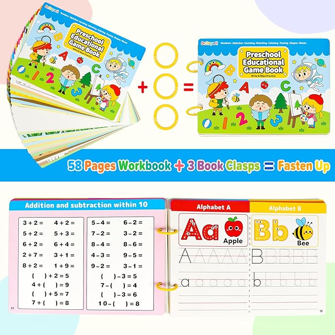 Dr.Rapeti Preschool Learning Activities Educational Workbook Busy Book 58 Pages 8 Dry Erase Markers Prek Montessori Handwriting Practice Activity Tracing Toy Early Learning Toy for 3 years+