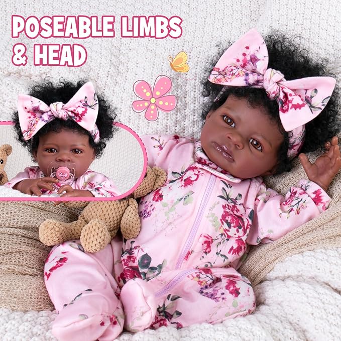 Aori Reborn Baby Dolls Black - 20-Inch Lifelike Black American Baby Girl, Realistic Soft Vinyl Newborn Dolls with Weighted Cloth Body, Set for Kids 3+
