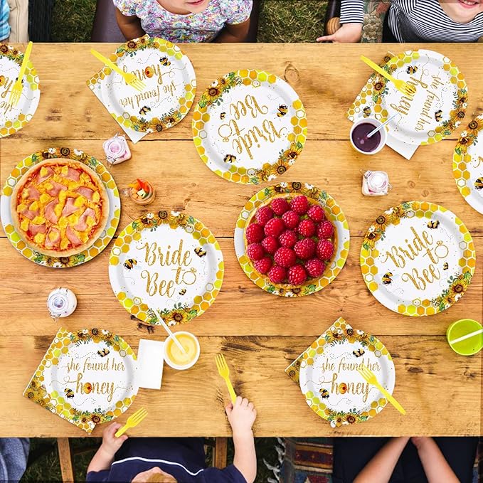 96Pcs Bride to Bee Bridal Shower Party Decorations She Found Her Honey Bee Plates and Napkins Set Said Yes Engagement Decoration Favors for Valentine's Day Wedding Bridal Shower Married Party Serve 24