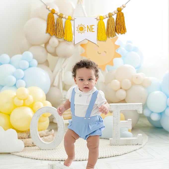 Gostman Sun One Tassel High Chair Banner - First Trip Around The Sun Birthday Party Decoration, Sun Sign First Birthday Party Supplies, Sunshine Highchair Banner