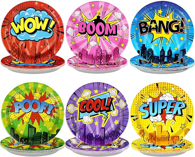 60Pcs Super Theme Hero Party Plates 9"Large Disposable Colorful Comic Super Paper Plates Hero's Action Sign Dessert Plate Super Theme Hero Birthday Decoration for Kid Baby Shower Spider Party Supplies