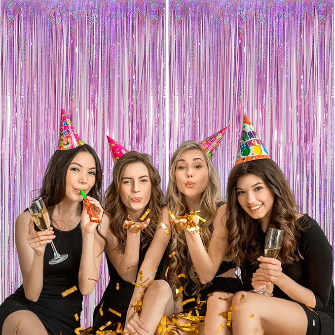 2 Pack Pink Foil Fringe Curtains, 3.3x6.6 Ft Metallic Tinsel Backdrop Party Decorations Door Pink Streamers for Birthday Wedding Engagement Decor,Photo Booth Props, Party Supplies