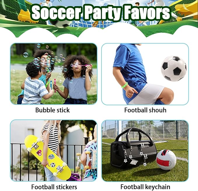 158Pcs Soccer Party Favors -12 Guests Set, Soccer Goodie Bag Stuffers with Rotatable Finger Stress Toys Whistles Bubble Wands Keychain Sticker for Kids Birthday Party Souvenirs Supplies