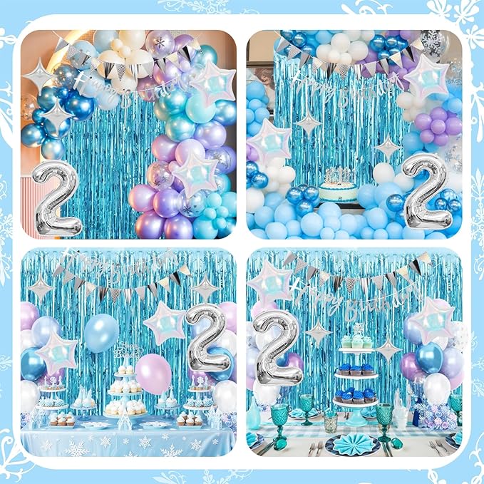 2nd Snow Birthday Decorations for Girl, Blue Purple Balloons with Happy Birthday Banner Curtain Silver Number 2 Balloon Iridescent Star Foil Balloons for Girls Baby Shower Birthday Party Supplies