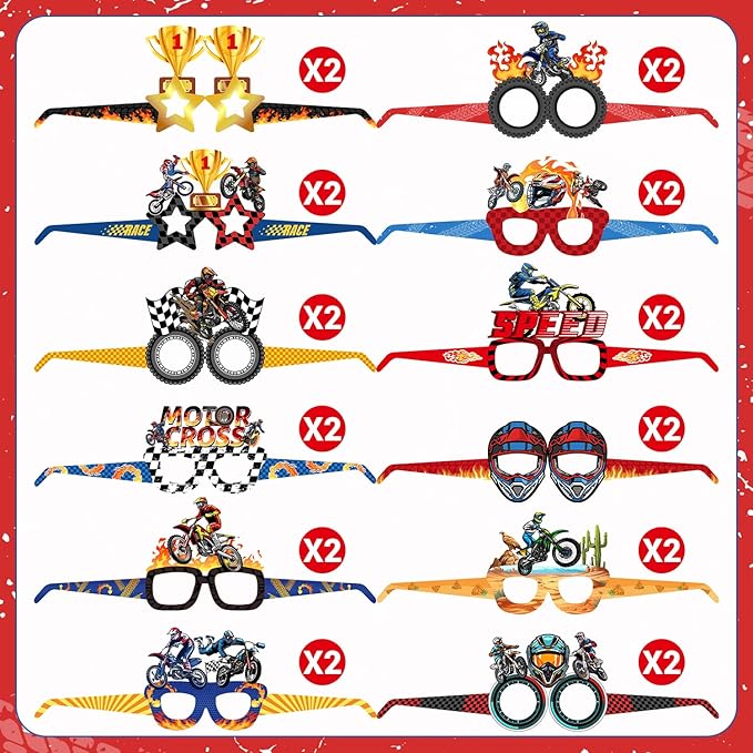 24 PCS Dirt Bike Party Paper Eyeglasses, Dirt Bike Party Favors Decorations Supplies, Motocross Birthday Party Decorations Gifts Photo Booth Props for Kids Boys Girls